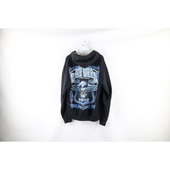 Y2K Mens Medium Faded Spell Out Tribal Daytona Bike Week Full Zip Hoodie Black - Picture 8 of 11